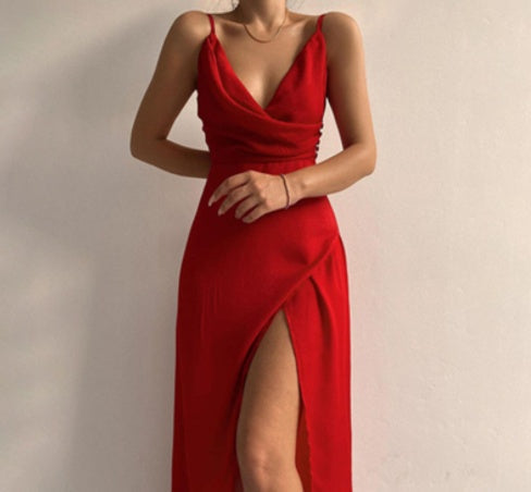 V-neck Slit Sling Suspender Dress